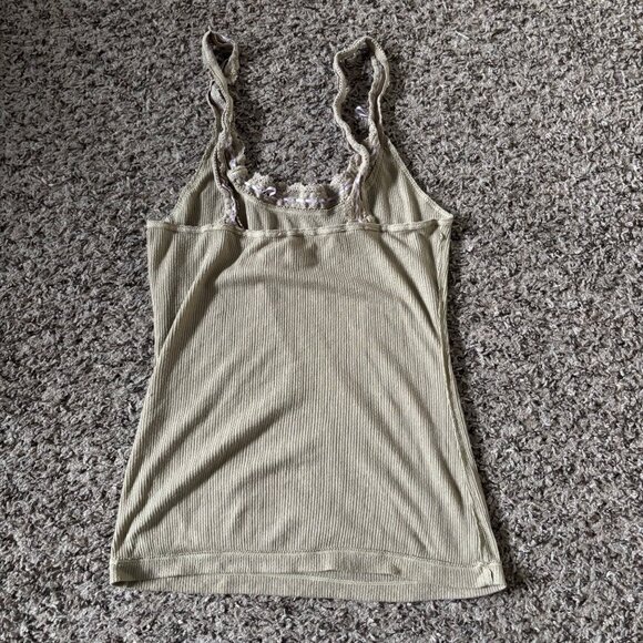 Free People Ribbed Beige/ light green Lace-Trim Tank Top Womens Size M - Picture 2 of 5
